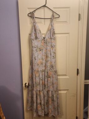 Lulu's Light Blue Floral Tiered Midi Dress with Tie Straps
